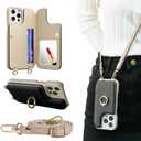 Crossbody Wallet Case for iPhone 13 Pro Max, Card Slot Phone Case with 360 Ring Stand, Built-in Makeup Mirror, Snap Closure, Adjustable Shoulder Strap, 6.7 Inch (Black)