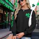 KIMSOONG St. Patrick's Day Sweatshirt for Women Sequins Shamrock Print Shirts Long Sleeve Crewneck Pullover Tops Black
