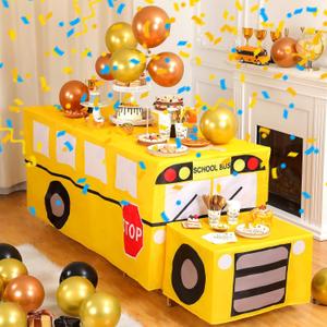 Oudain 2 Pcs School Bus Tablecloth First Day Back School Yellow Bus Party Table Cover Include 6ft and 2ft Tablecloth Theme Party Birthday Decoration Washable Fabric Polyester Rectangle Table Cover