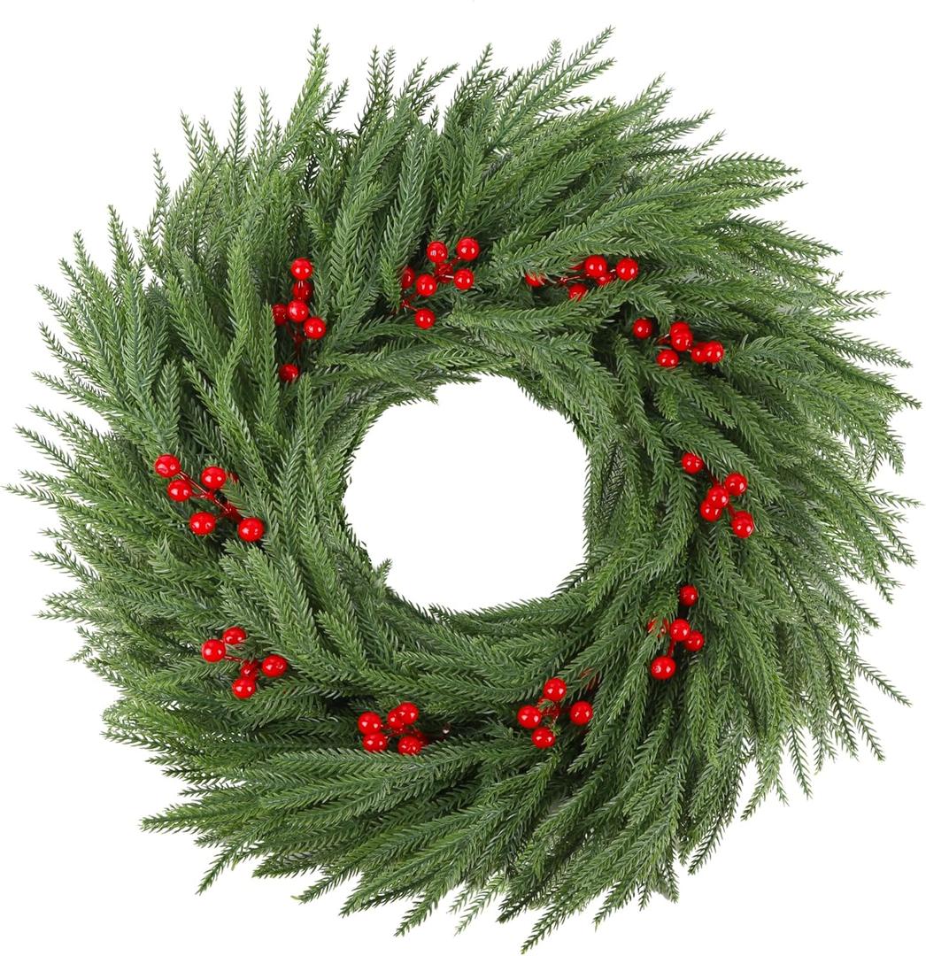 DR.DUDU Norfolk Pine Christmas Wreaths for Front Door - 24 Inch Artificial Greenery Wreath with Red Berries for Outdoor Indoor Xmas Holiday Decor, Farmhouse Winter Decorations