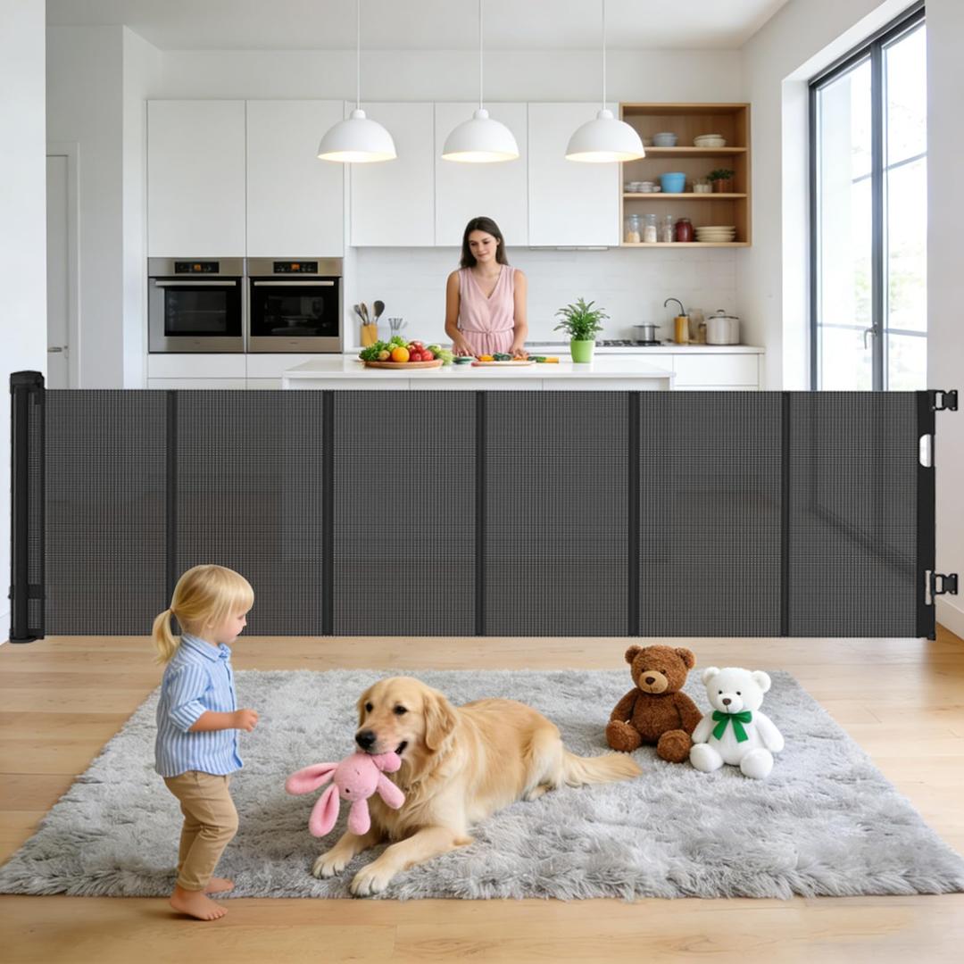 Retractable Baby and Dog Gate 55 Inch Wide 33 Inch Tall Black
Screw Mounted, Two Step Lock, Anti Scratch Mesh, No Bottom Bar, Anti Sagging, Indoor Outdoor Use, Doorways Hallways Patios