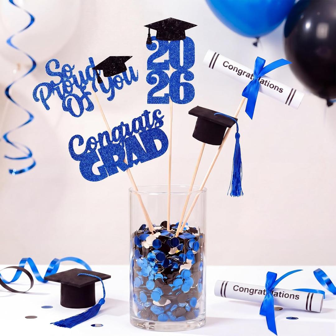 Pinkunn 20 Pcs 2026 Graduation Decorations Class of 2026 Graduation Table Centerpieces Glitter 3D Grad Cap Diploma Cake Topper Easy Assemble for 2026 Grad Party Supplies Decorations(Blue)