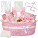 Colingmill Graduation Large Led Light Woven Gift Basket with Handles, Thank You Card, 14.5" x 11" x 6.3" Storage Bow Basket Empty for Wedding Baby Showers Pet Toy Bin(Pink)