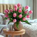 20PCS Fake Tulips Artificial Tulip Silk Flowers Fake PU Bouquet Artificial Flowers Faux Flowers with Gift Box Soft Faux Tulips Bouquets Arrangements for Party Wedding Home (Pink)