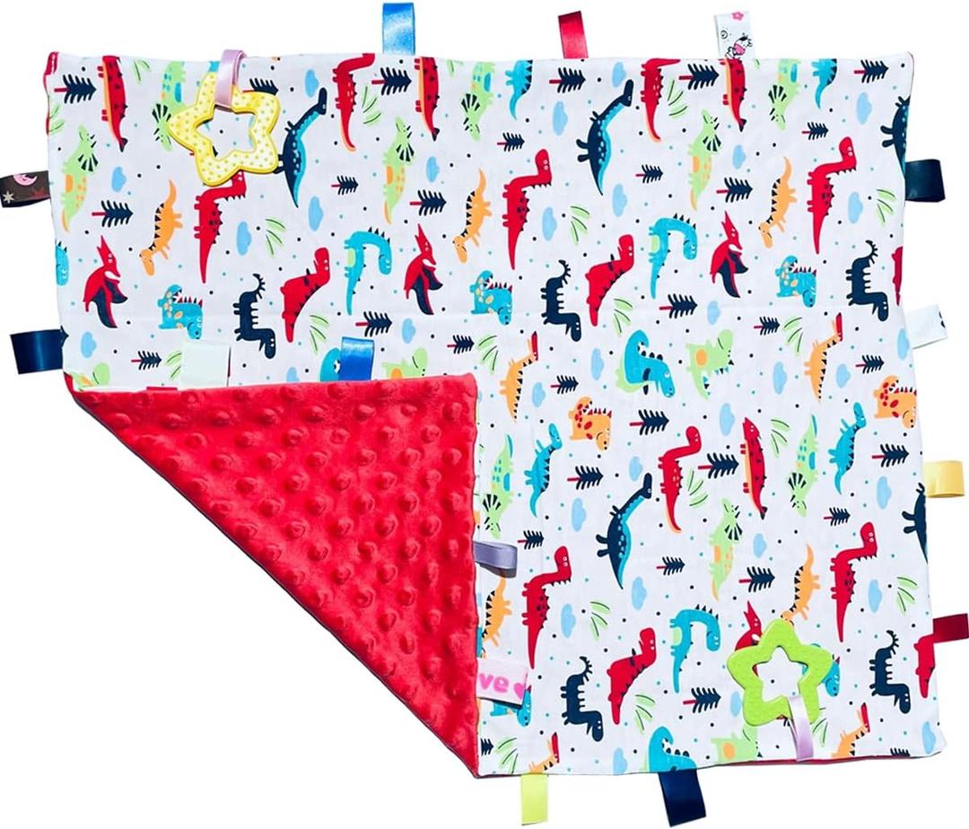 Big Tags Soft Red Dinosaur Blanket for Babies and Toddlers - Cute Security Taggy With Tags, 55x45CM/21.7x17.7INCHES