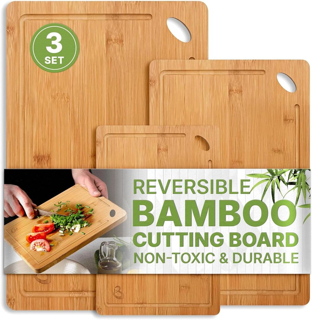Wood Cutting Boards Set of 3 Non-Toxic Bamboo Chopping Boards for Kitchen with Deep Juice Grooves Durable, Eco-Friendly Wooden Serving Boards for Meat, Vegetables & Fruit