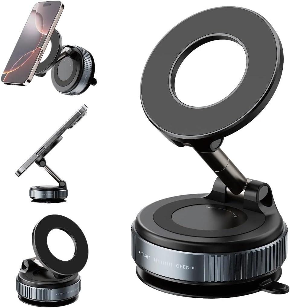 Vacuum Magnetic Car Phone Holder 360 Rotating Foldable Phone Holder for All Phones Adjustable Angle Desk & Monitor Mount for Landscape & Portrait View Strong Grip, Compact & Travel-Friendly