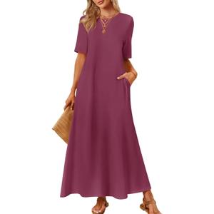 MEROKEETY Summer Casual Maxi Dresses for Women 2026 Vacation Crew Neck Short Sleeve Modest Long T Shirt Dress with Pockets (L)