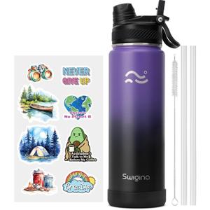 [2-IN-1 LID] Insulated Water Bottle with Silicone Boot (36hrs Cold/18hrs Hot) - DIY Stickers, Leakproof, BPA Free, 24 oz (Purple-Black)