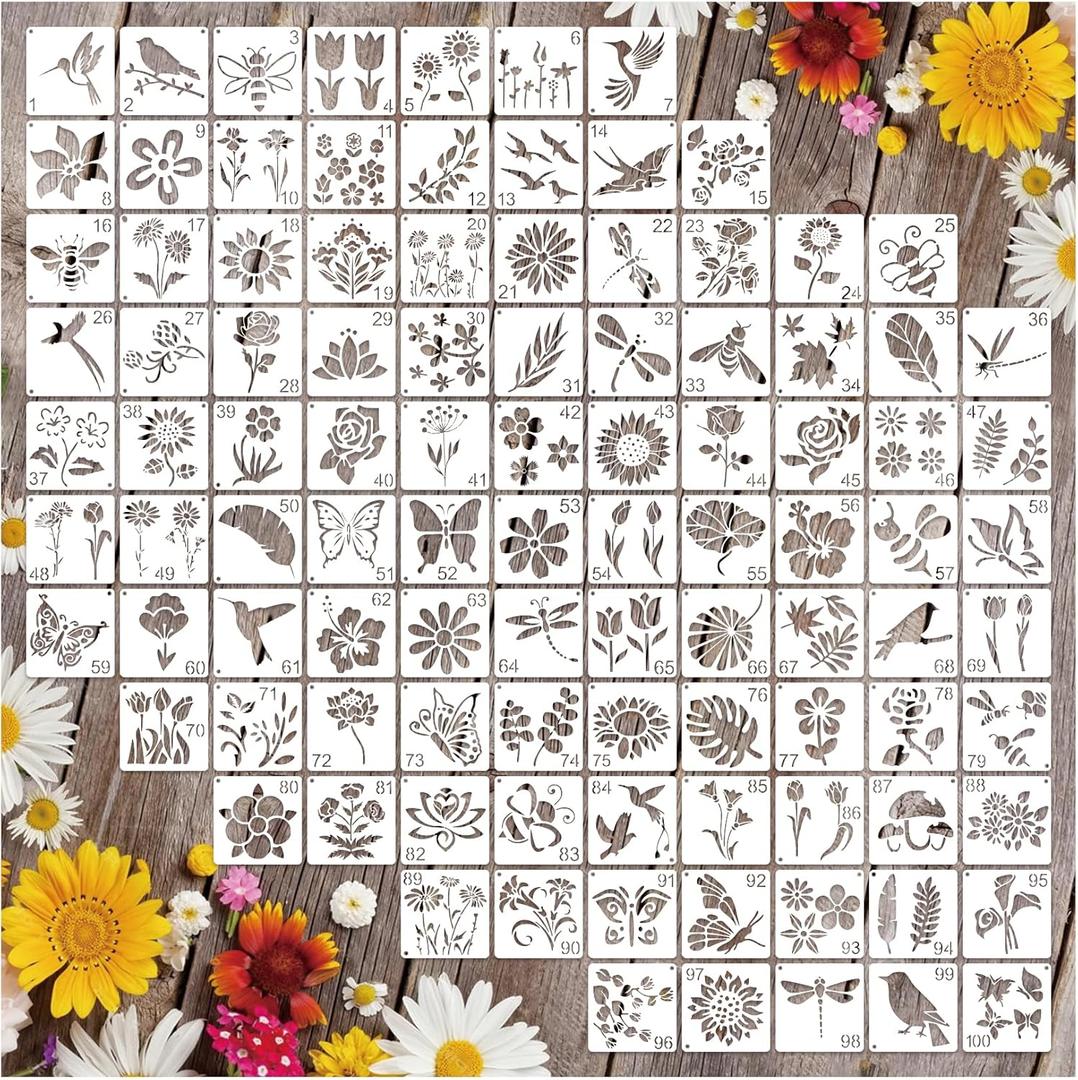 2 x 100Pcs Small Stencils for Rock Painting Reusable Small Flower Stencils for Crafts on Wood 2 Inch Nature Spring Flower Stencil Floral templates for Paint on Craft Fabric Card Walls Decor(Floral100)