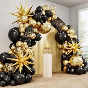 RUBFAC 140pcs Black and Gold Balloons, Black Metallic Gold Confetti Star Latex Balloons 5 10 12 18 Inch for 2025 Graduation Class Decorations Birthday Retirement Wedding Anniversary Party Decorations