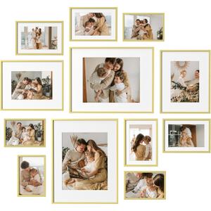 eletecpro Aluminum Gallery Wall Frame Set of 12, Including 2Pcs 11x14, 2Pcs 8x10, 4Pcs 5x7, 4Pcs 4x6 Photo Frames for Wall or Tabletop Display, Multiple Sizes Picture Frames Collage Wall Decor, Gold