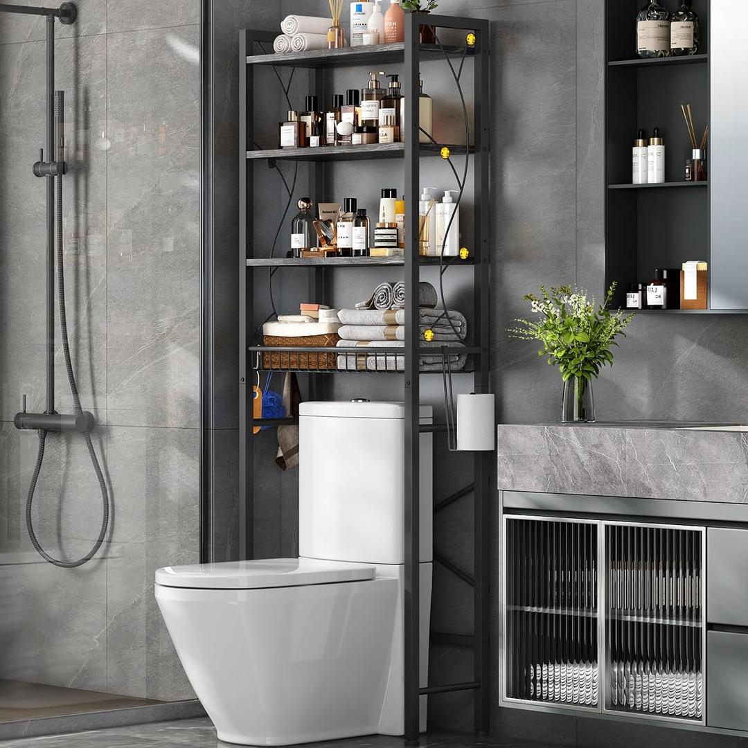Salakita Over-The-Toilet Storage Rack, 4-Tier Bathroom Organizer Shelf Over Toilet with Adjustable Shelf and Basket, Freestanding Space Saver Bathroom Shelves Above Toilet for Room (Oak Gray)