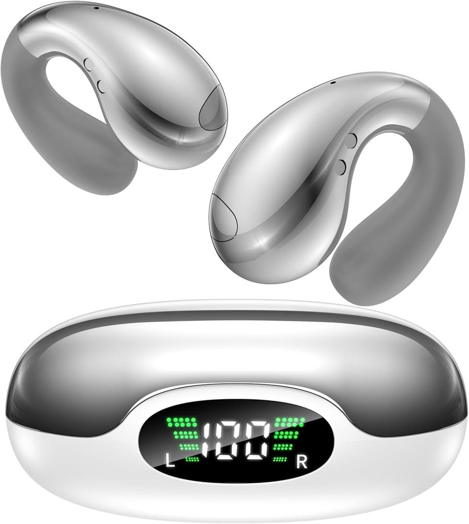 Ultra Open Ear Earbuds - Ergonomic Clip-On Earbuds, Bone Conduction Over-The-Ear Headphones with Waterproof Design and Secure Fit for Small Ears, Crystal Silver