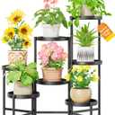 LASZOLA 7 Tier Large Plant Stand Indoor Tall with 10 Inch Metal Tray, Corner Folding Flower Display Rack, Modern Plant Holder Shelf for Outdoor Patio Porch Garden Office Living Room, Black