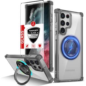for Samsung Galaxy S22 Ultra Case Compatible with Magnetic Wireless Charging with Screen Protectors, S22 Ultra Case Built-in Kickstand Ring Military Grade Drop Protection Shockproof Black