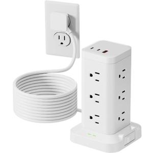Power Strip Tower with Surge Protector 1800J, Fast Charging PD20W USB-C Ports with 12 AC Outlet Extenders, 10ft Extension Cord for Home Office Dorm Room Essentials, White