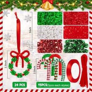 Christmas Crafts for Kids, Beaded Ornament Kit- 39Pcs DIY Christmas Ornaments to Make Wreath Candy Cane Xmas Holiday Tree Hanging Decorations Party Ornaments for Children and Adults