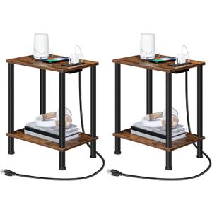 HOOBRO Side Table with Charging Station, Set of 2 End Tables with USB Port and Outlets, Nightstand with 2-Layer Storage Shelves for Small Spaces, Living Room, Bedroom, Rustic Brown BF09UBZP201