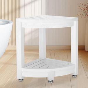 Magam Corner Shower Stool for Inside Shower-Waterproof Teak Shower Bench with Storage Shelf,Adiustable Height,Shower Stool for Shaving Legs,Non-Slip Feet & Spa Foot Rest for Bathroom, Easy Assembly (17.3, White)