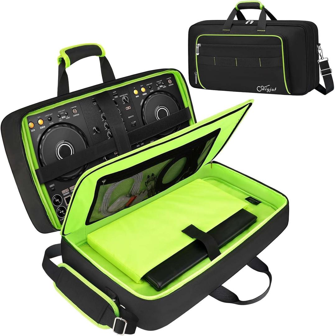 SNIGJAT DJ Controller Case for DDJ-FLX4/ DJ 400/ DDJ-REV1, Padded DJ Controller Bag with 5 Pockets for Laptop, Headphones, Cables, DJ Carrying Case with Adjustable Shoulder Strap, 21.5"x11.8"x2.5" (Green)