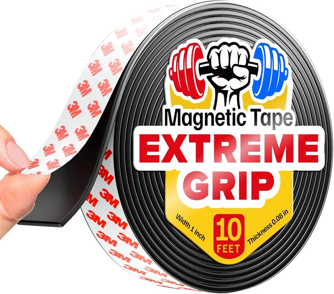 Super Sticky Magnetic Tape (10 feet x 1 inch) - Stong Magnet Strip with Adhesive Backing for DIY & Crafts - Easy to Cut and Mount on Fridges, Whiteboards & More