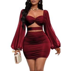 GothDark Womens Sexy Mesh Dress Bodycon Cut Out Puff Sleeve Ruched Party Club Homecoming Mini Dresses (Medium, Red)