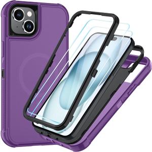 SunStory Magnetic for iPhone 15 Case with HD Screen Protector, Compatible with MagSafe, 3-Layer Heavy Duty Full-Body Cover, 3 in 1 Hybrid Protective Case for iPhone 15 6.1",Purple