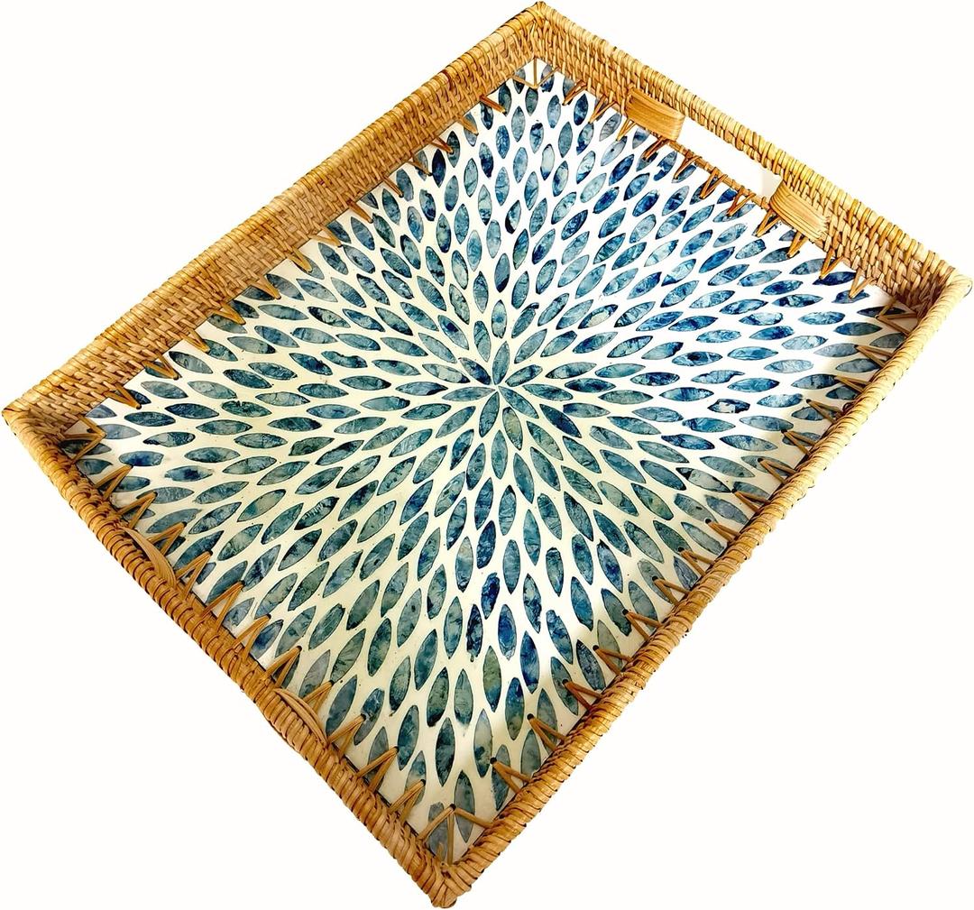i-lan 18 Inch Blue Mother of Pearl Rattan Serving Tray with Cutout Handles