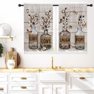 Coxila Brown Floral Kitchen Window Curtains 27.5 x 36 Inch Rod Pocket Small Short Mini Cafe Farmhouse Vintage Rustic Country Flower Fun Living Room Bedroom Home Treatment Set of 2 Panels Drapes Tiers