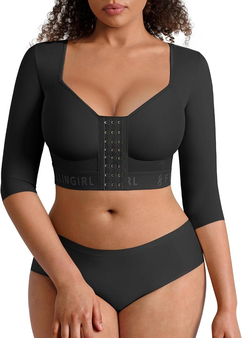 FeelinGirl Arm Compression Sleeve Women Upper Arm Shaper Post Surgery Front Closure Shapewear Bra (X-Large, Black)