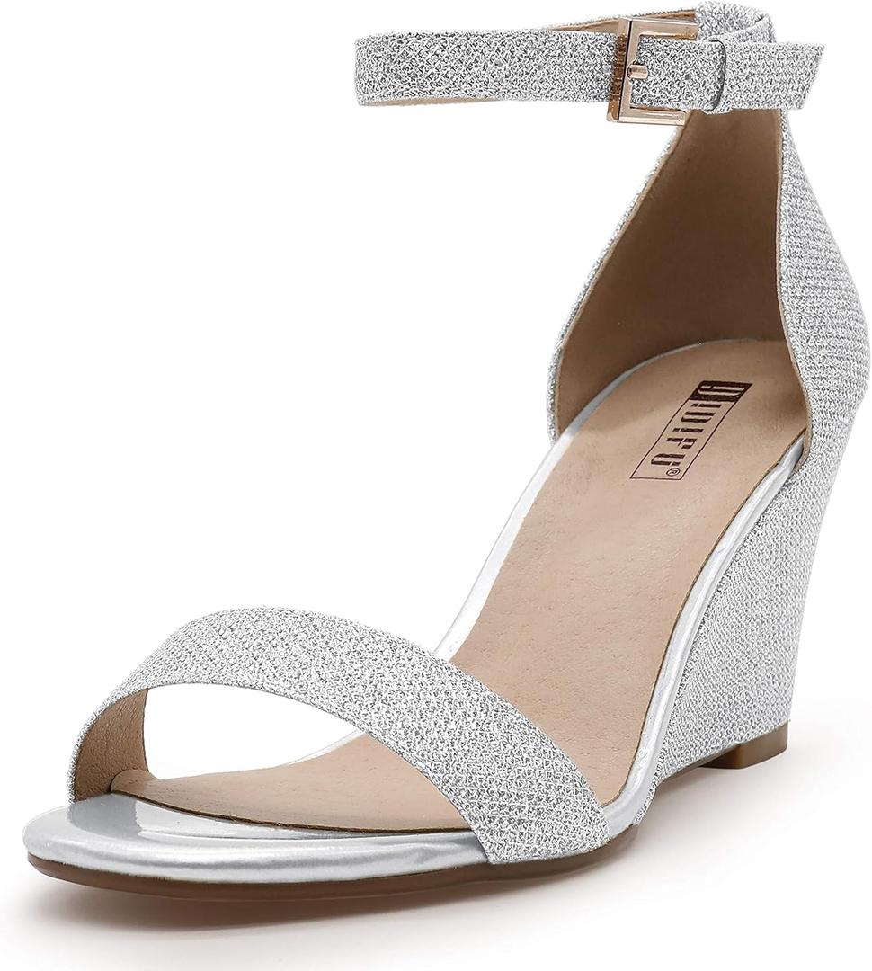 IDIFU Women's Classic Wedge Heels Sandals 3 Inch Ankle Strap Open Toe Evening Dress Wedding Shoes, Size 7