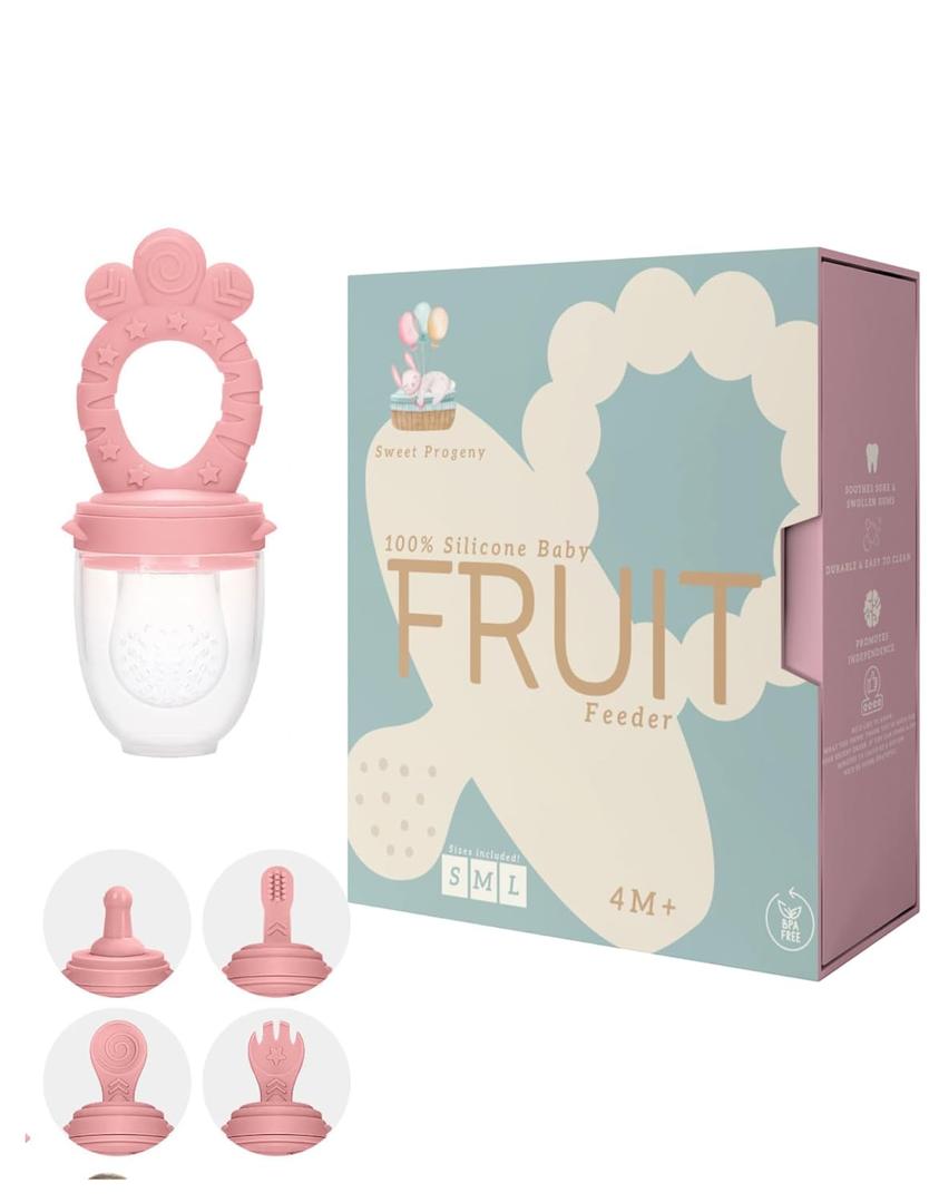Fruit Feeder Set (Pink).Ultra-Soft Silicone Includes Gum Brush and dust Cap. Pink