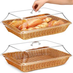 Mumufy 2 Pack Wicker Large Bread Basket for Serving with Acrylic Lid Woven Rectangular Imitation Rattan Fruit Basket with Cover Food Vegetable Display Tabletop Restaurant Kitchen (17.72x13.78'')