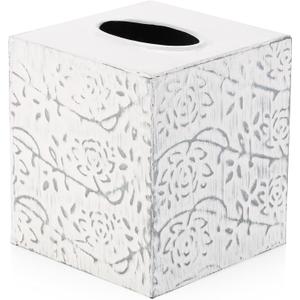 Country Chic Modern Farmhouse Tissue Box Holder, Decorative Metal Tissue Cover, Rustic Square White Style (Upright)