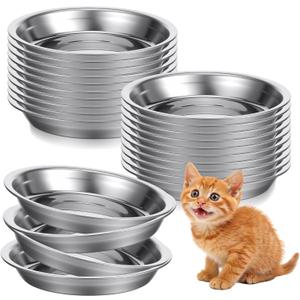 24 Pcs Stainless Steel Cat Bowls, Shallow Pet Food Dishes Metal Cat Feeding Plates Replacement Relief Whisker Fatigue Food Water Bowl for Cat Kitten Puppy Dog(5.5 Inch Diameter)