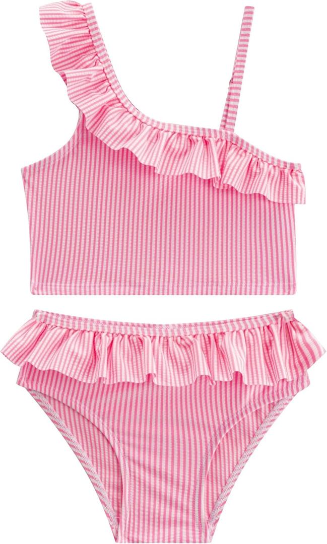 LIZENS Girls Two Piece Swimwear Ruffle Trim 2-12Years Flounce Striped Beach Bathing Suit (4-5T, Pink)