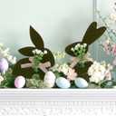 Thyle 2 Pcs Easter Bunny Wooden Signs Wooden Bunny Decorations with Bow Rustic Rabbit Shape Table Centerpiece Signs for Tables Tiered Tray Easter Gifts (Elegant,Moss Green)