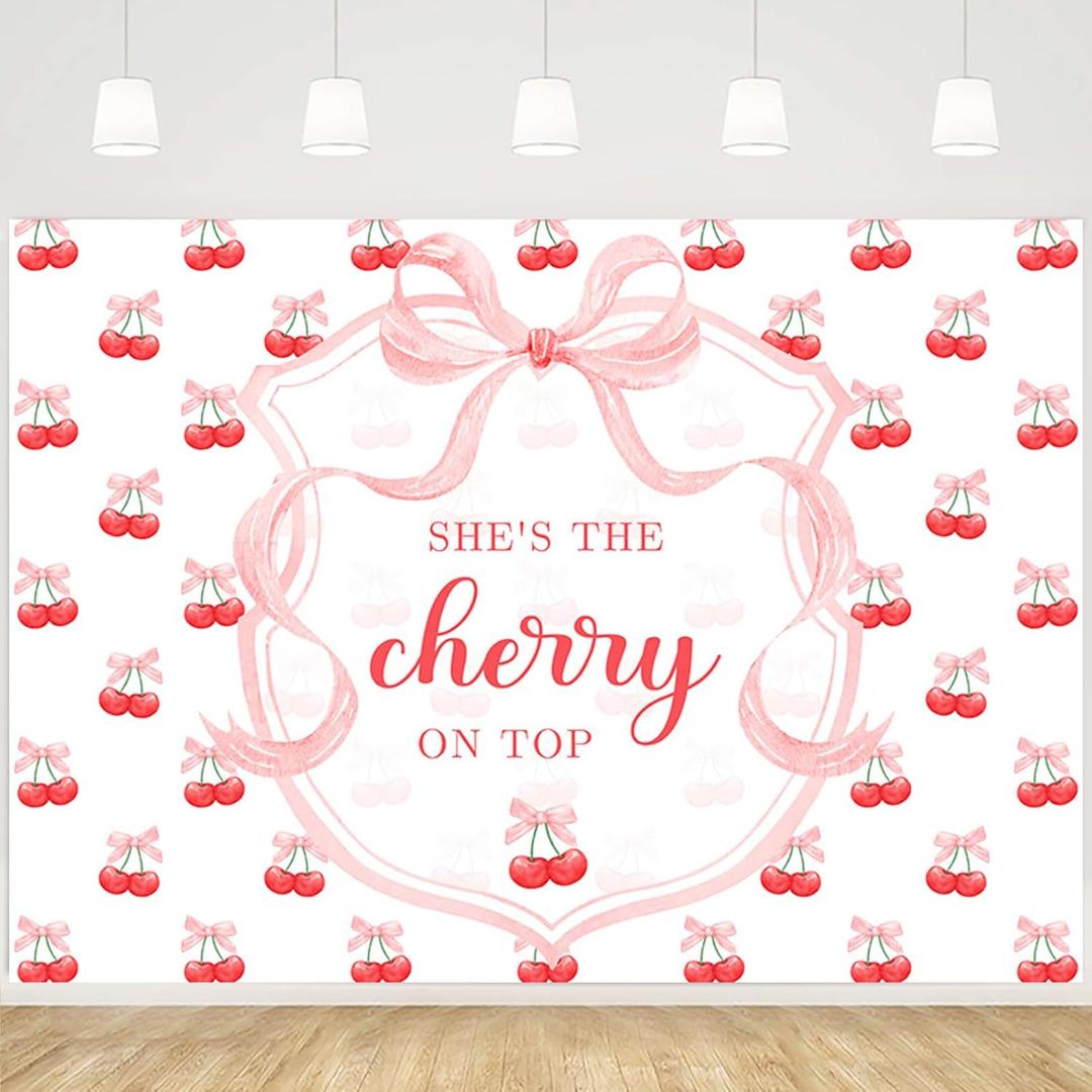 MEHOFOND 7x5ft She's The Cherry on Top Baby Shower Backdrop for Girl Cherry Theme Coquette Bridal Shower Decorations Pink Bow Party Decor Cherry Bride to Be Engagement Birthday Party Decor