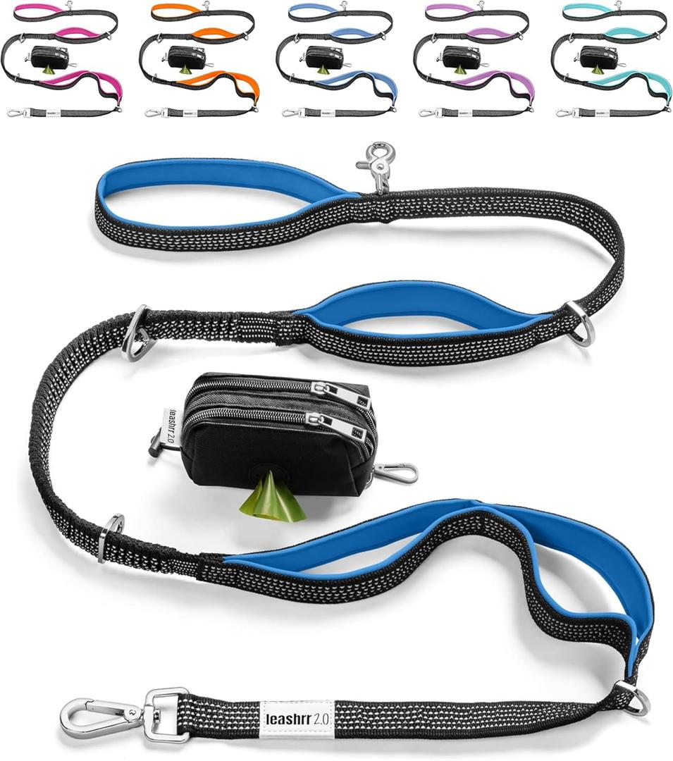 No Pull Dog Leash for Large Dogs  6ft Highly Reflective Bungee, Heavy Duty Leash for Large Dogs, 4 Padded Handles, Strong Carabiner Clip & Rings, Includes Poop Bag Holder & Treat Pouch (Royal Blue)