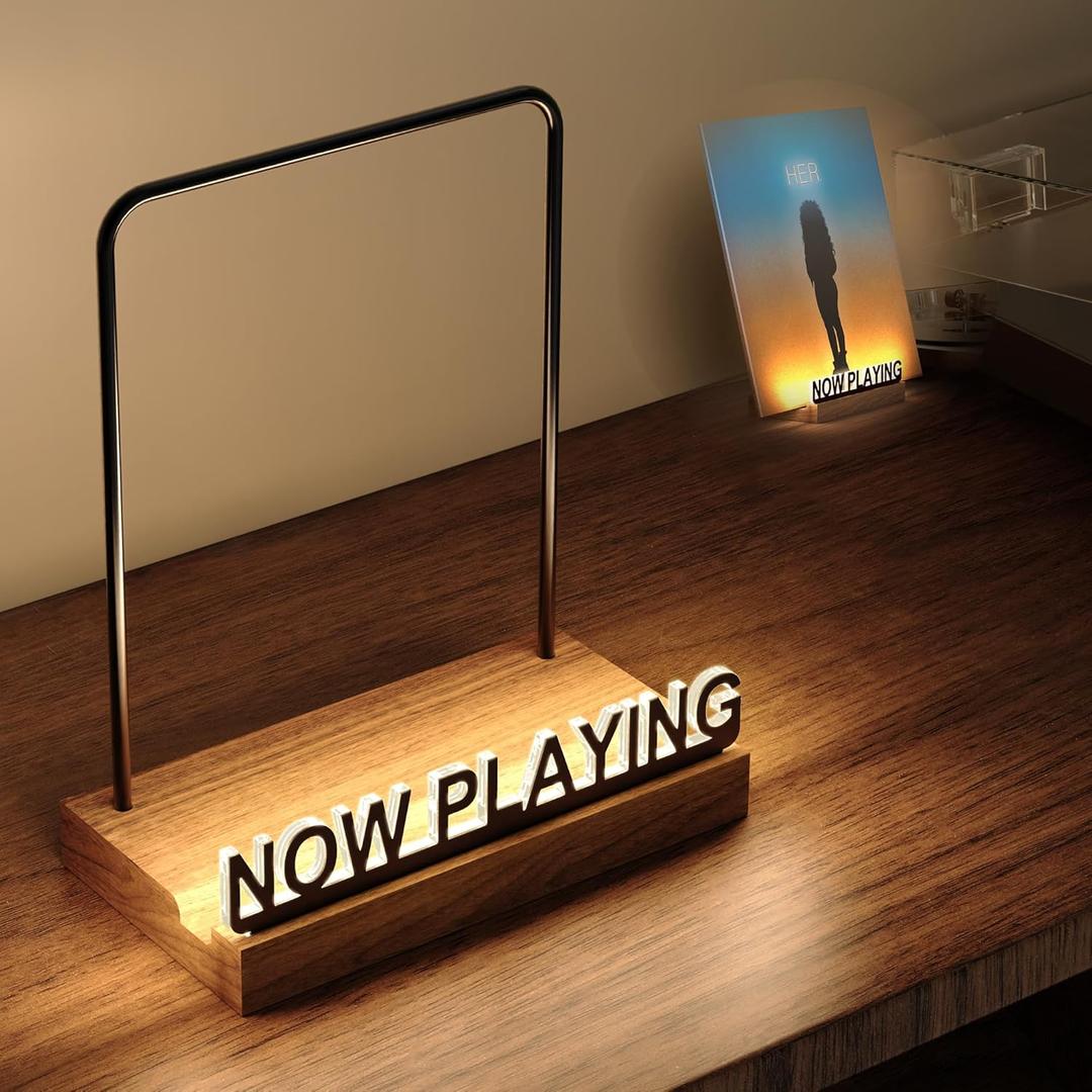 Now Playing Vinyl Record Stand, Light Up Vinyl Record Display Stand, Holder for Album Display Storage, Warm White Light with Fingerprint-Proof Acrylic Letters (Black letters)