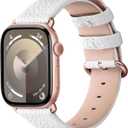 Fullmosa Leather Band Compatible with Apple Watch Band 42mm 44mm 45mm 46mm 49mm, Genuine Leather Replacement Strap for iWatch Ultra3/2/1 SE3/2/1 Series 11 10 9 8 7 6 SE 5 4 3 (White/Rose Gold Buckle)
