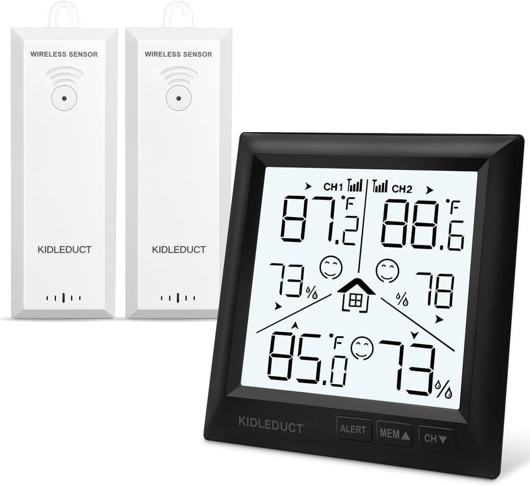 Indoor Outdoor Thermometer Wireless Battery Powered, High Precision Inside Outside Humidity Temperature with Alert, Backlight Weather Thermometers with 2 Sensors, 330ft Wireless, Black