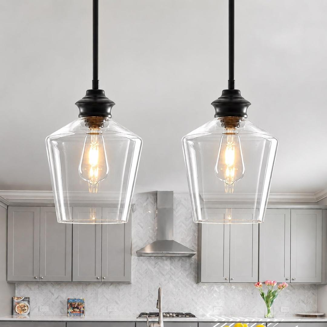 2 Pack Glass Pendant Lights Kitchen Island, 8 Inch Modern Black Kitchen Pendant Lighting Over Island, Adjustable Hanging Island Lights for Kitchen, Dining Room, Sink, 8.27'' H X 7.68'' W X 7.68'' D