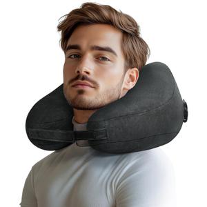 Travel Pillow Inflatable Neck Pillow Airplane Pillow with Velvet Cover Inflatable Pillow for Car/Train/Plane (Black, M)