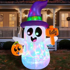 Joiedomi 5 FT Halloween Inflatables Ghost Outdoor Decorations, Blow Up Cute Wizard Ghost with Pumpkin, Blow Up Yard Decoration with Rotating Colorful LED for Halloween Lawn Garden Party Decor