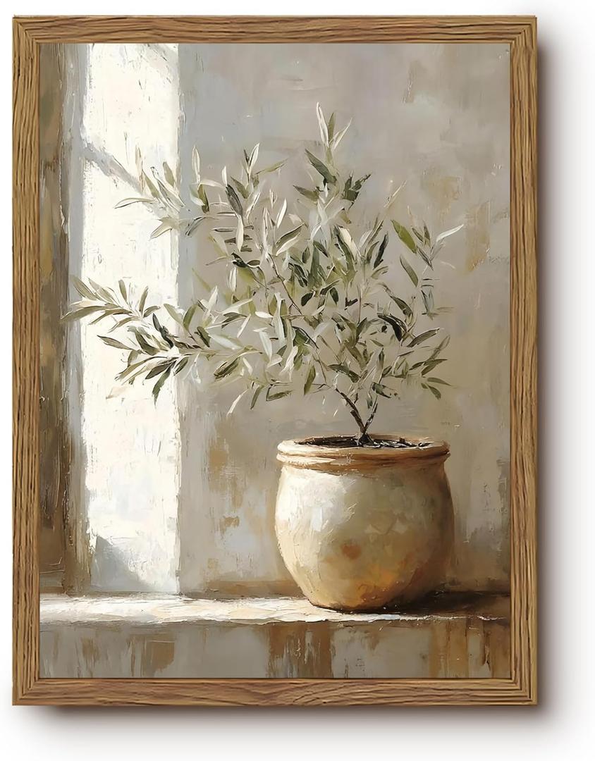 Vintage Framed Olive Tree Canvas Wall Art, Neutral Botanical Pictures Wall Decor, Rustic Potted Plant Paintings Prints, Organic Modern Farmhouse Artwork for Living Room Bedroom 16x24 Inch