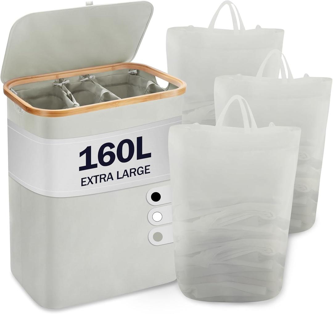 Laundry Hamper with Lid, 160L Extra Large Laundry Basket with lid, 3 Section Storage Dirty Clothes Hamper with Removable Bags for Bathroom, Bedroom, Blanket, Toys, Grey