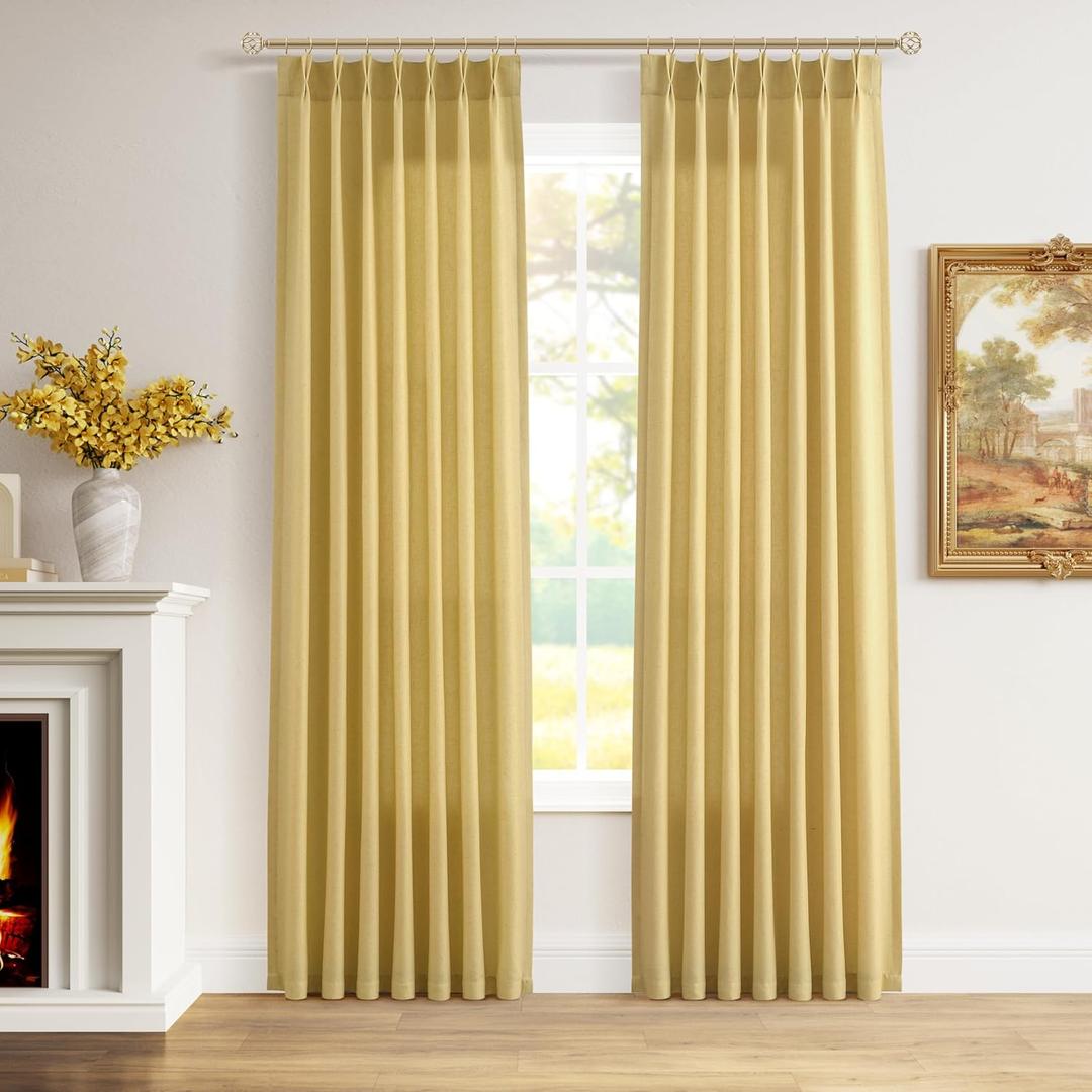 Yellow Linen Pinch Pleat Curtains 90 Inches 2 Panels Back Tab Rod Pocket Semi Sheer Modern Farmhouse Drapes Light Filtering Flax Texture Window Treatments for Bedroom Living Room with Hooks 40x90