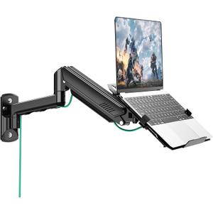 MOUNT PRO Laptop Wall Mount, 2-in-1 Monitor Wall Mount with Vented Tray for 11-17" Notebook/13-32 Computer Screen, Full Motion Adjustable Laptop Holder Stand, Gas Spring Laptop Arm Holds 4.4-22 lbs